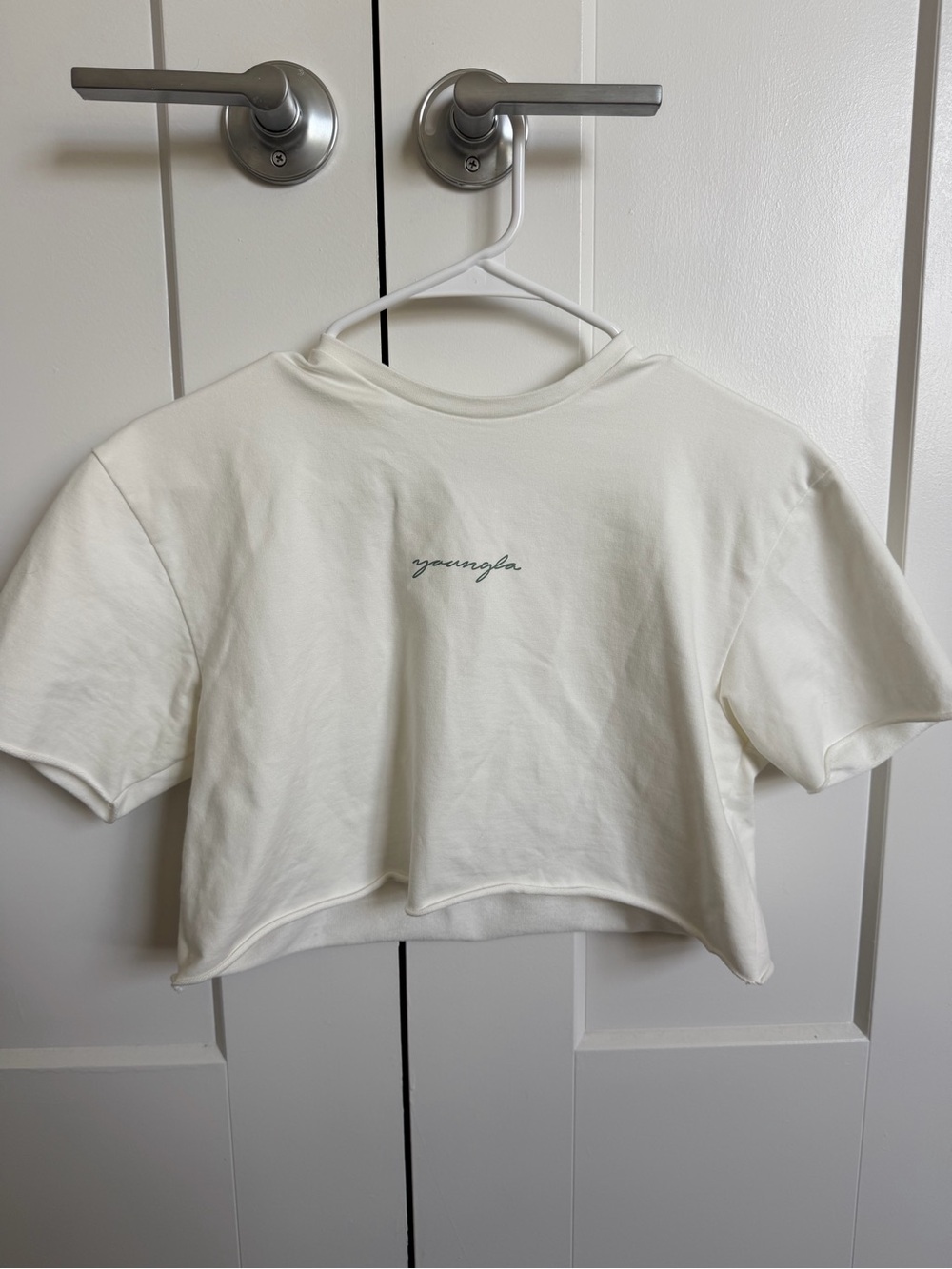 YoungLA Cream Cropped T-Shirt with Script Logo